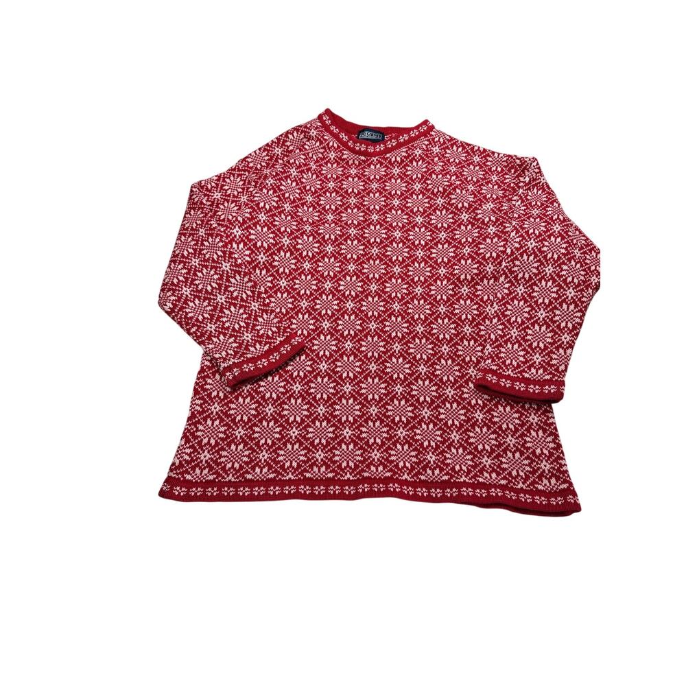 Lands End Fair Isle Sweater Womens XL Red White 100% Cotton Nordic Holiday